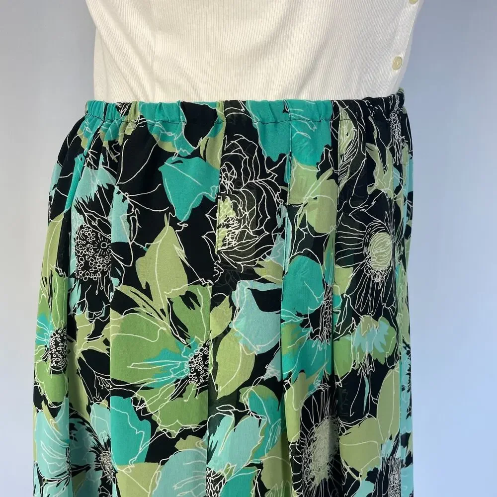 A Line Skirt Plus Size 1X Green Blue Floral Chiffon Flowy Spring Fairy Y2K